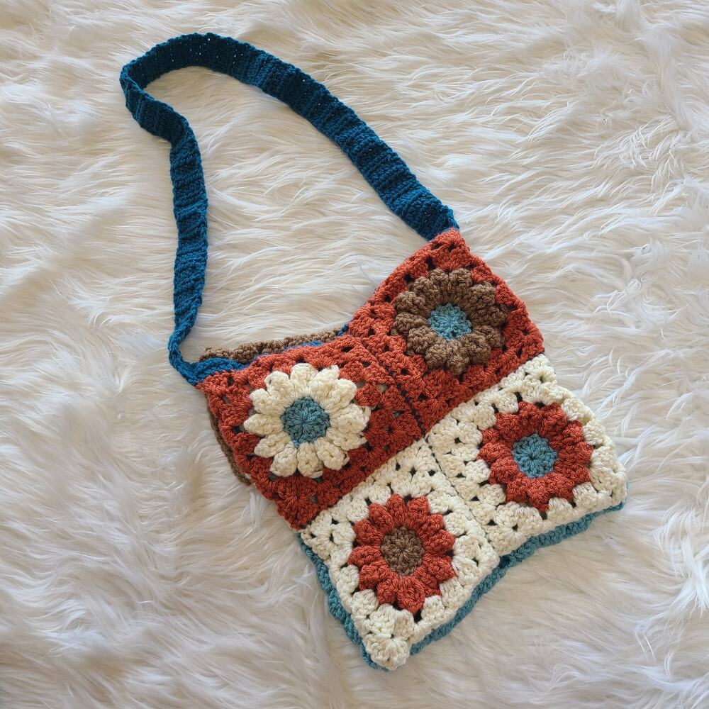 Vintage Crochet Floral Purse Bag Handmade Cottagecore Boho 90's Granny Square - Picture 2 of 4